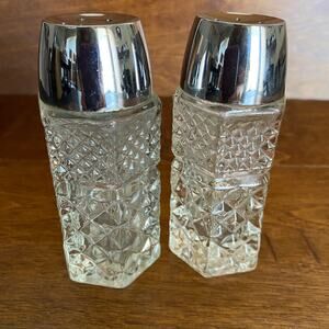 VINTAGE Clear Cut Glass Hexagon Salt and Pepper Shakers Chrome Lids Set of 2